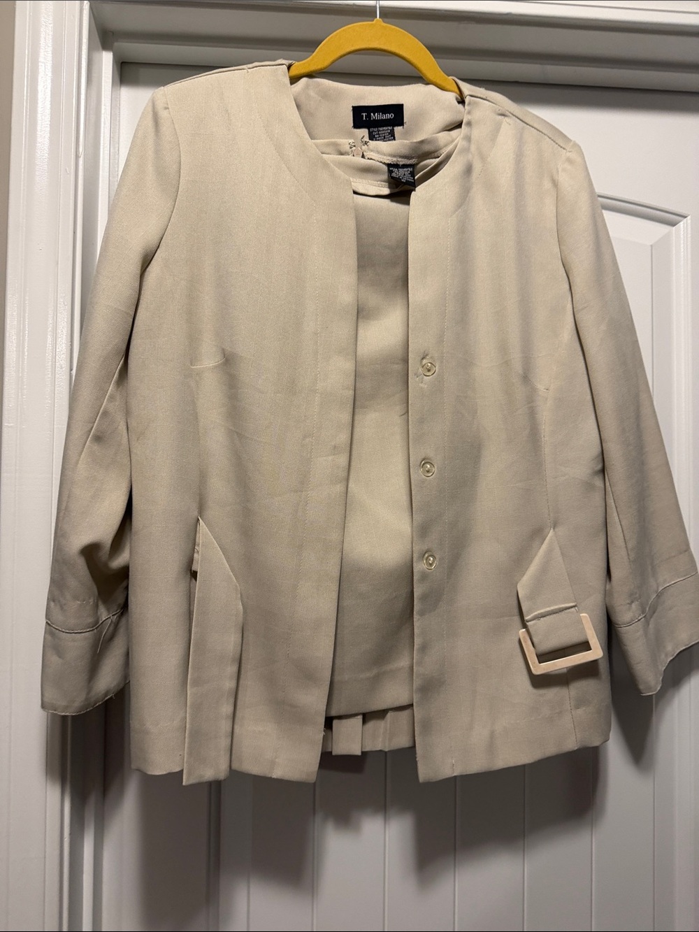 Milano Cream Collarless Blazer with Belt Accent